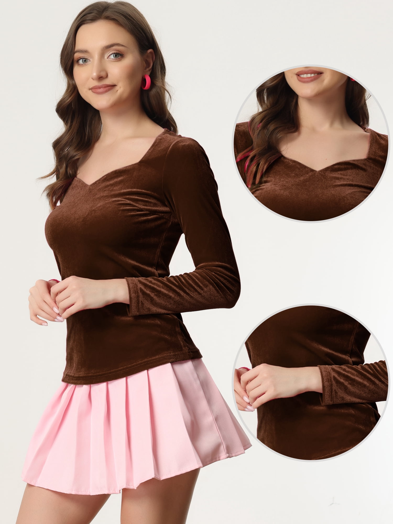 DARING DIVA Women's Velvet Sweetheart Neck Long Sleeves T-Shirt S Brown