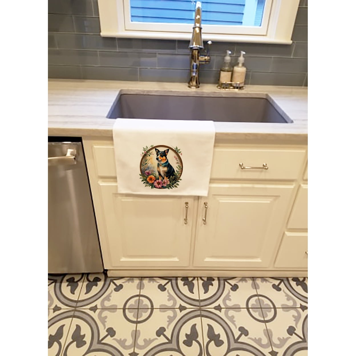 Lancashire Heeler and Flowers Kitchen Towel Set of 2 White Dish Towels 19 in x 28 in