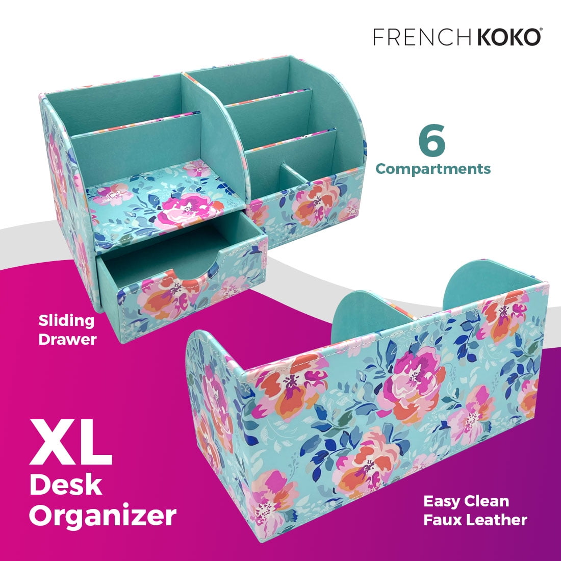 French KOKO Large PU Leather Desk Organizer Pen Holder Office Accessories  Women Kids Girls Work School Supplies - Cute Cactus 