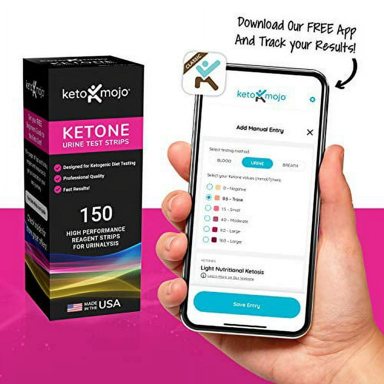 Keto Mojo 150 Ketone Test Strips with Free Keto Guide eBook & Free App. Urine Test for Ketosis On Ketogenic & Low-Carb Diets. Extra-Long Strips.