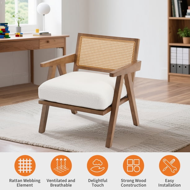Yeshouse Sillón moderno de mediados de siglo con respaldo de ratán, patas de madera y tapizado de lino. Cómodos sillones tapizados para sala de estar, dormitorio y oficina