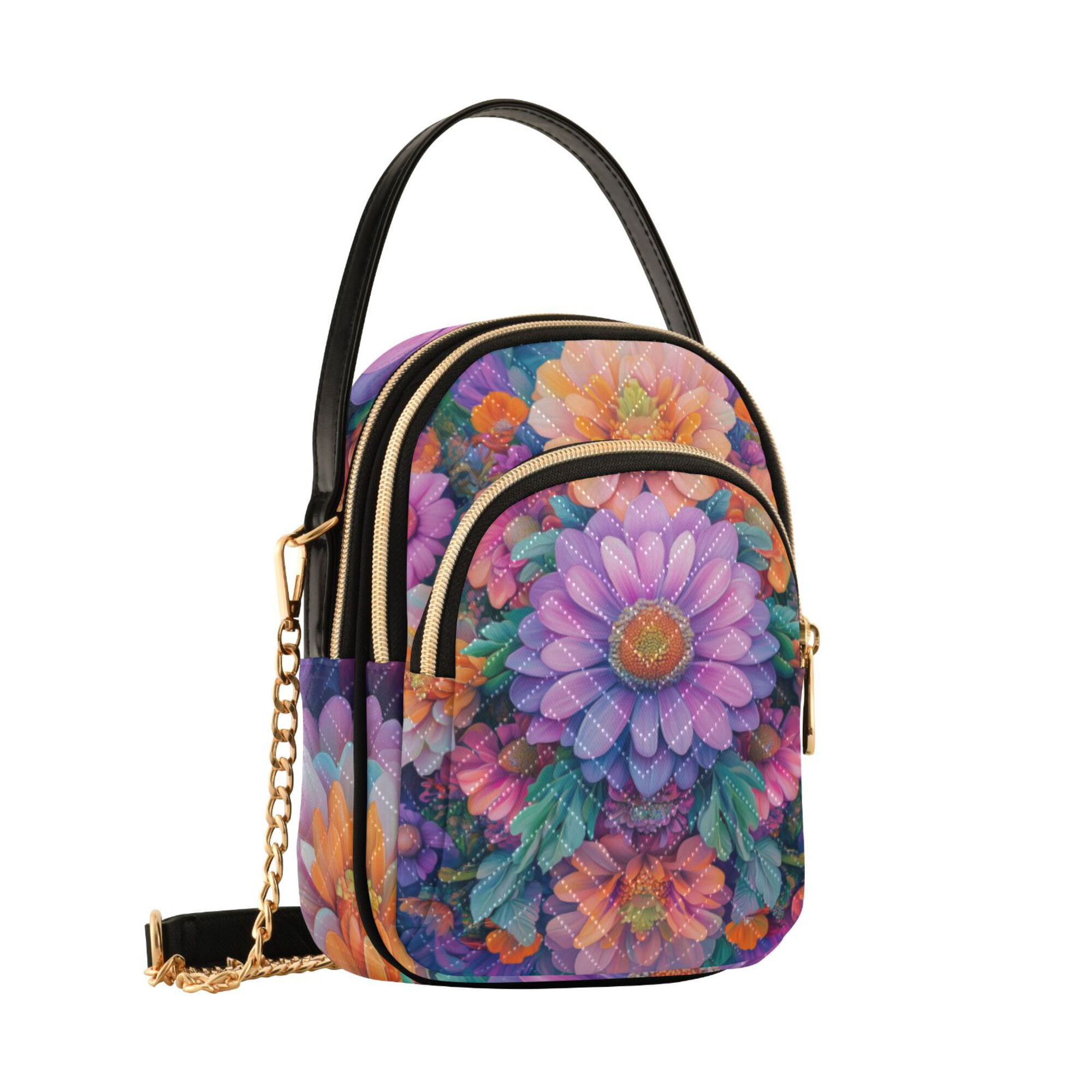 FORMRS Crossbody Bag for Women Quilted Travel Shoulder Cell Phone Purse with Chain Strap Handbag, Light Purple Flowers