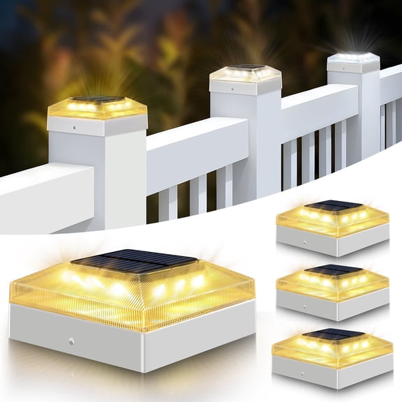 4 Pack Solar Post Top Light 4x4 Fence Post Light Tri-Color Mode Waterproof White Solar Deck Light For Wood/Vinyl Post Tops Ideal for Gardens, Patios, Porches, and Decks