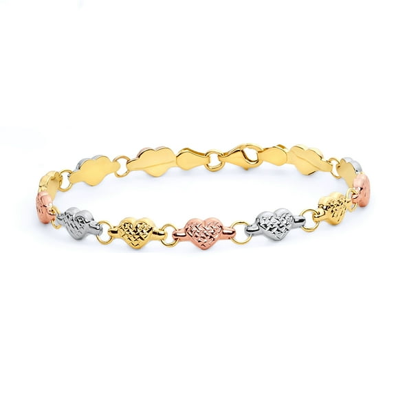 Wellingsale 14k Tri 3 Color Gold Polished Diamond Cut Stampato Heart Bracelet with Lobster Claw Clasp - 7.25"