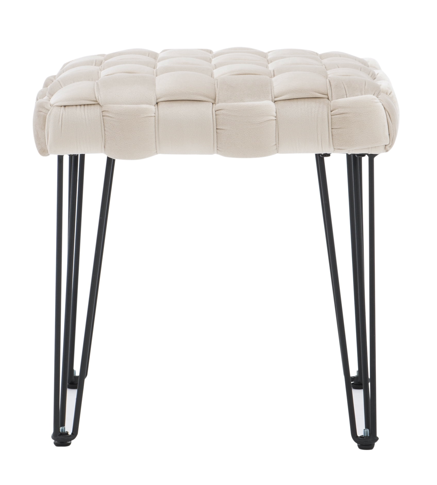Powell Anya Square Handwoven Velvet Ottoman with Hairpin Legs, Cream