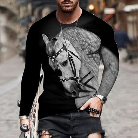 

Men s 3D Horse Graphics Print T-Shirts Digital Pattern Crewneck Vintage Long Sleeve Fall Top Unisex Daily Blouses