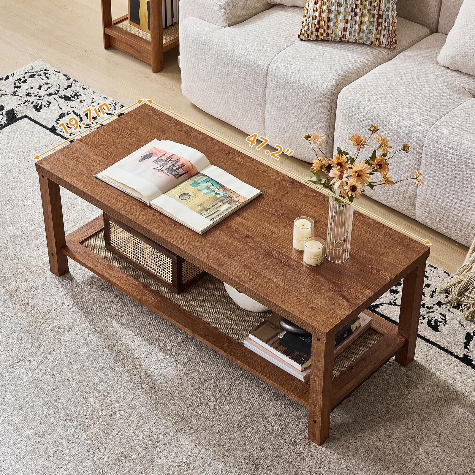 Buildhom Boho Rattan Coffee Table with Woven Open Shelf, Natural Wood Center Table for Living Room, Tea Color