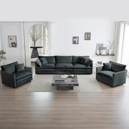 Modern Gray Chenille Sofa Set with Accent Chairs and Three-Seat Sofa, Flexible Living Room Furniture, Round Arms Design