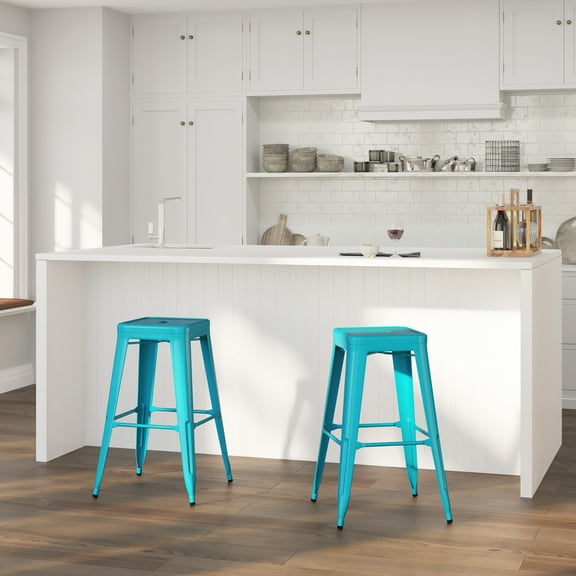 Merrick Lane Crystal Blue 30" High Backless Metal Bar Height Stool with Square Seat for Indoor-Outdoor Use