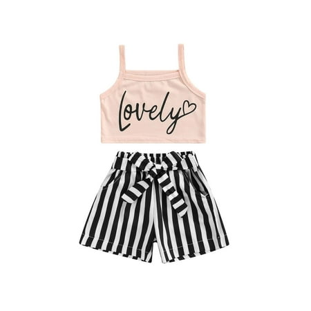 

Canrulo Toddler Baby Girls Casual Suit Letter Printed Sleeveless Sling Tops + Stripe Short Pants with Belt Summer Clothes Light Pink 2-3 Years