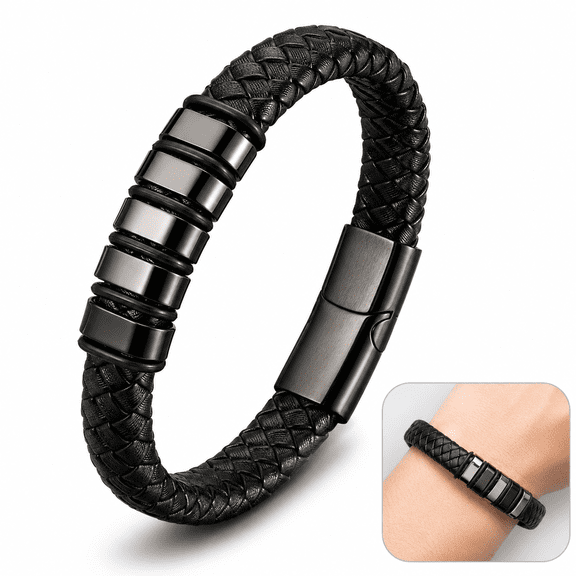 Men’s Braided Leather Wrap Bracelet Black Titanium Steel Magnetic Clasp Bangle Wristband Fashion Jewelry Adjustable Multi Strand Cuff Bracelet Gift for Men Biker Casual Accessories