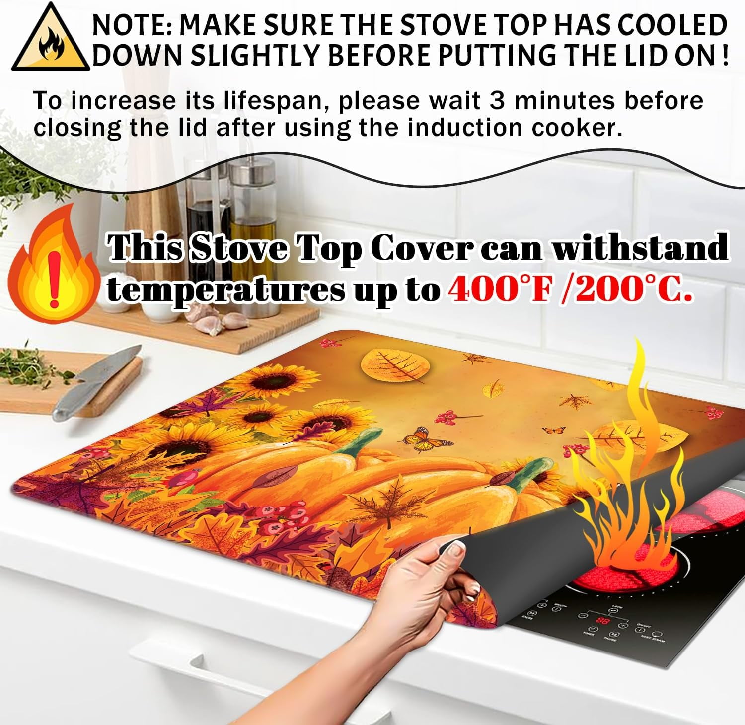 Fall Stove Top Cover for Electric Stove 28 "x 20 ", Pumpkin Leaves Heat Resistant Glass Top Stove Cover Protector, Glass Cooktop Covers, Kitchen Flat Electric Stove Top Covers