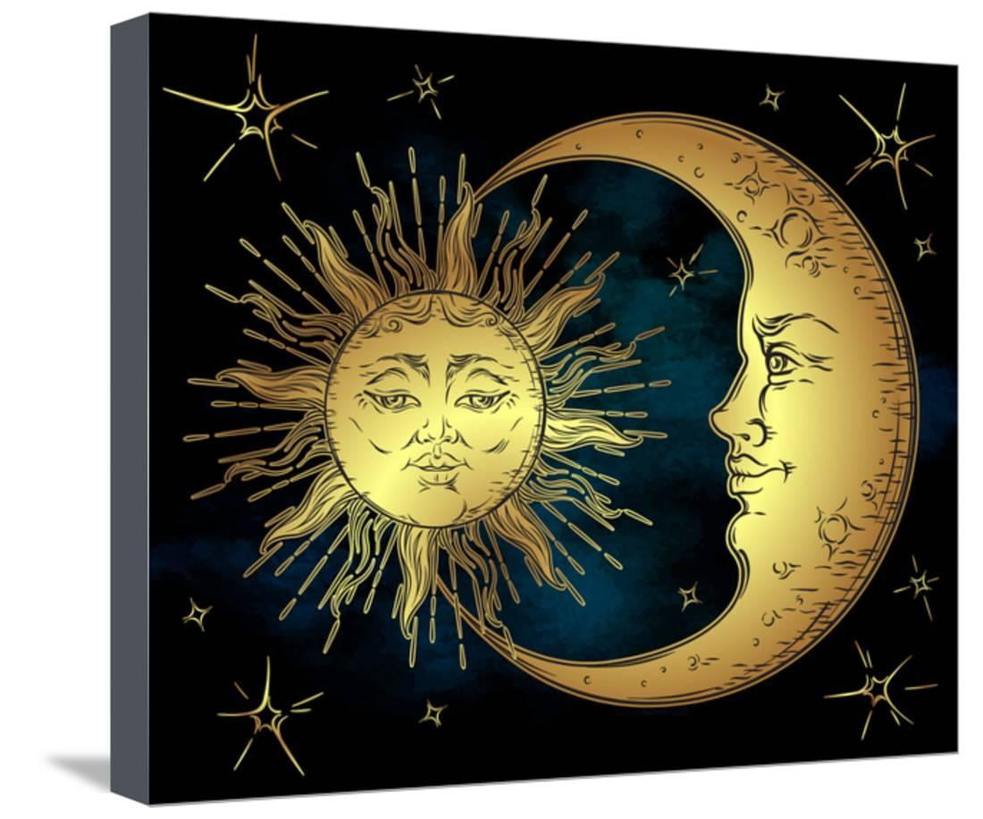 Antique Style Hand Drawn Art Golden Sun, Crescent Moon and