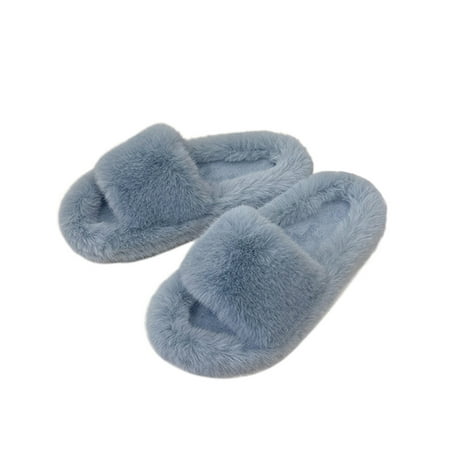 

UKAP Women s Indoor Casual Winter Plush Slipper Ladies Home Cozy Flat Fluffy Slides Lightweight Solid Blue 7.5