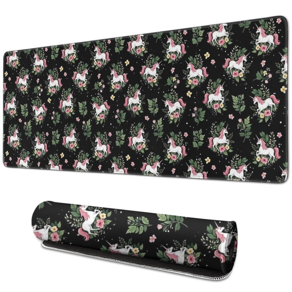 Long Mouse Pads for Desk,Black Cartoon Unicorn Flower Leaf Desk Mats on Top Of Desks, Desk Mouse Pad Extra Large with 3mm Non-Slip Base and Stitched Edge for Gaming,Work,Home 31.5"x11.8"