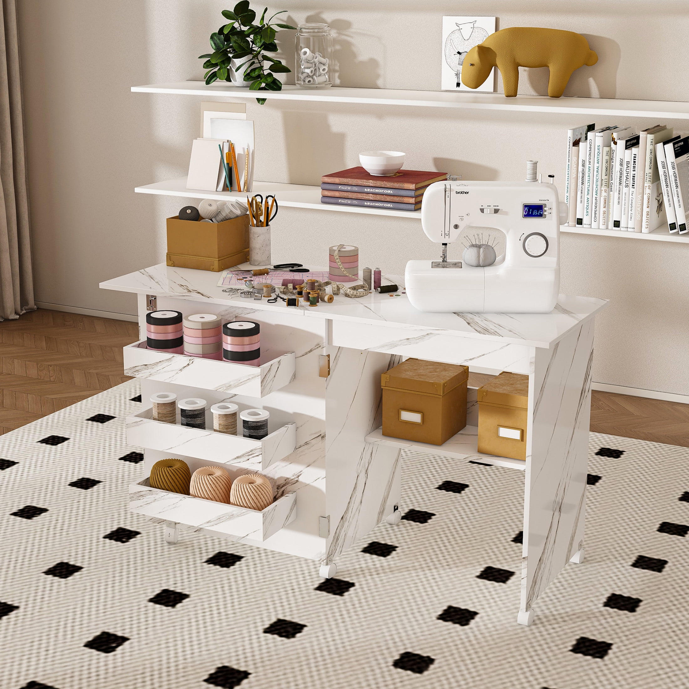 Noble House 4-in-1 Folding Sewing Table with Lockable Wheels, Computer Desk & Kitchen Storage with Shelves, White