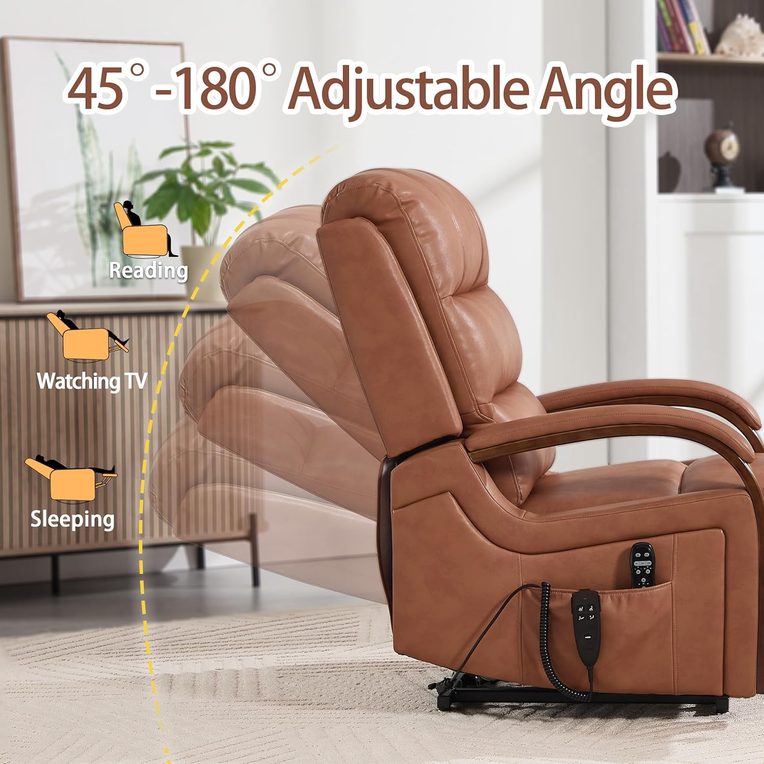 Power Lift Recliner Chair for Elderly People, Dual Motor Lift Chair with Vibration Massage and Heat, Lay Flat Recliner with Solid Wood Armrest, Standing Assistance Reclining, Faux Leather