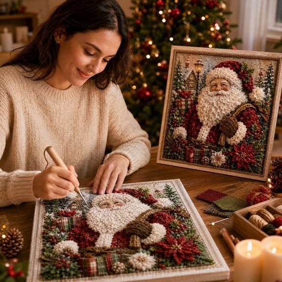 Christmas Punch Needle Kit for Adults DIY Fabric Poke Art Craft Set with Embroidery Hoop Yarn and Stencils, Santa Holiday Embroidery Kit for Wall Hanging Table Decor, Handmade Christmas
