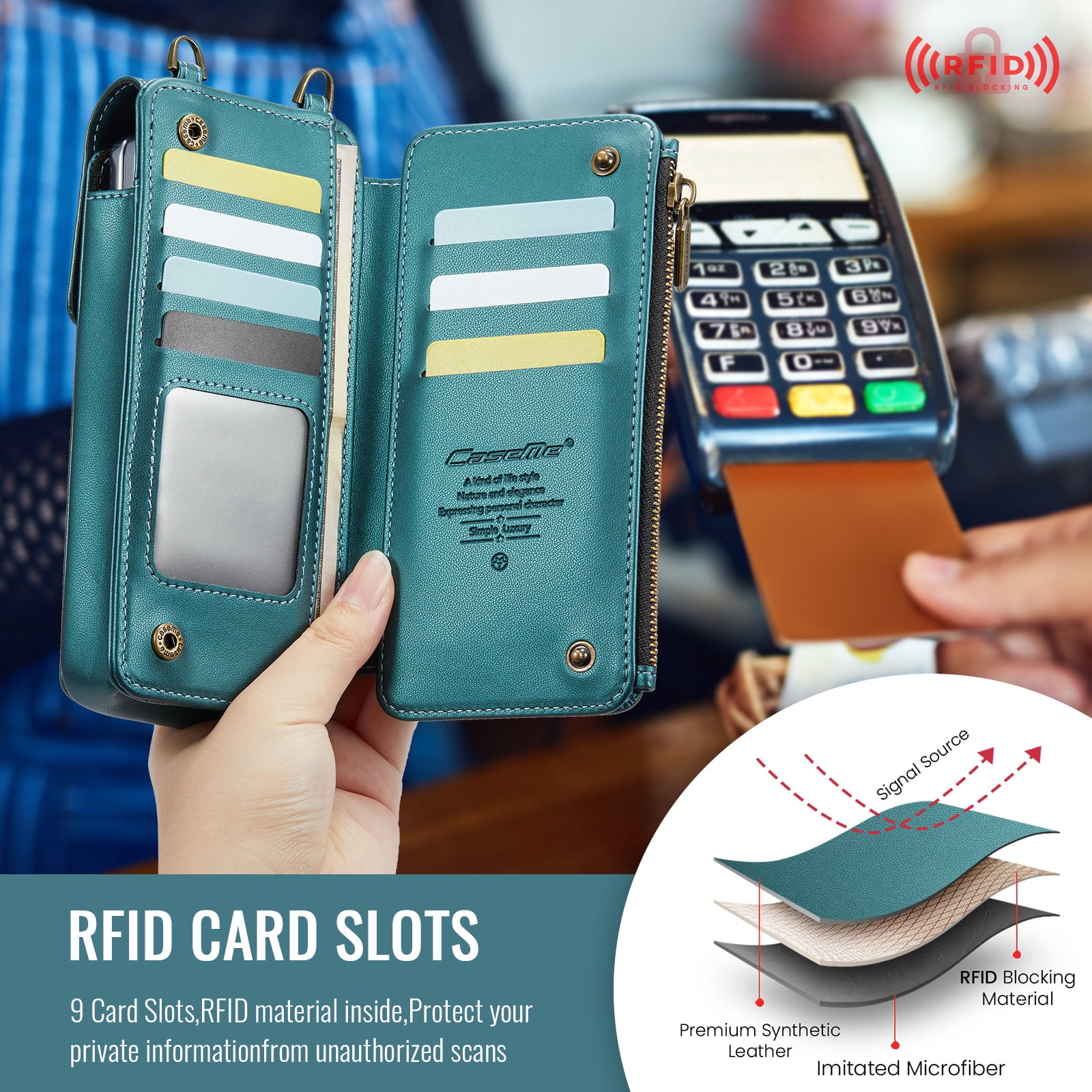 Crossbody Phone Bag Purse Wallet Case for iPhone/Galaxy/Pixel Series Cell Phones (Less Than or Equal to 7.6"), with Shoulder/Wrist Strap Lanyard, RFID Blocking Card Slots, PU Leather Bag, Green
