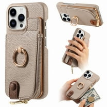 ELEHOLD for iPhone 14 Pro Luxury Leather Wallet Case with Back Flip Card Slots RFID Blocking Zipper Cash Pocket Stand Function Ring Holder Support Magnetic Car Mount Shockproof Case,khaki