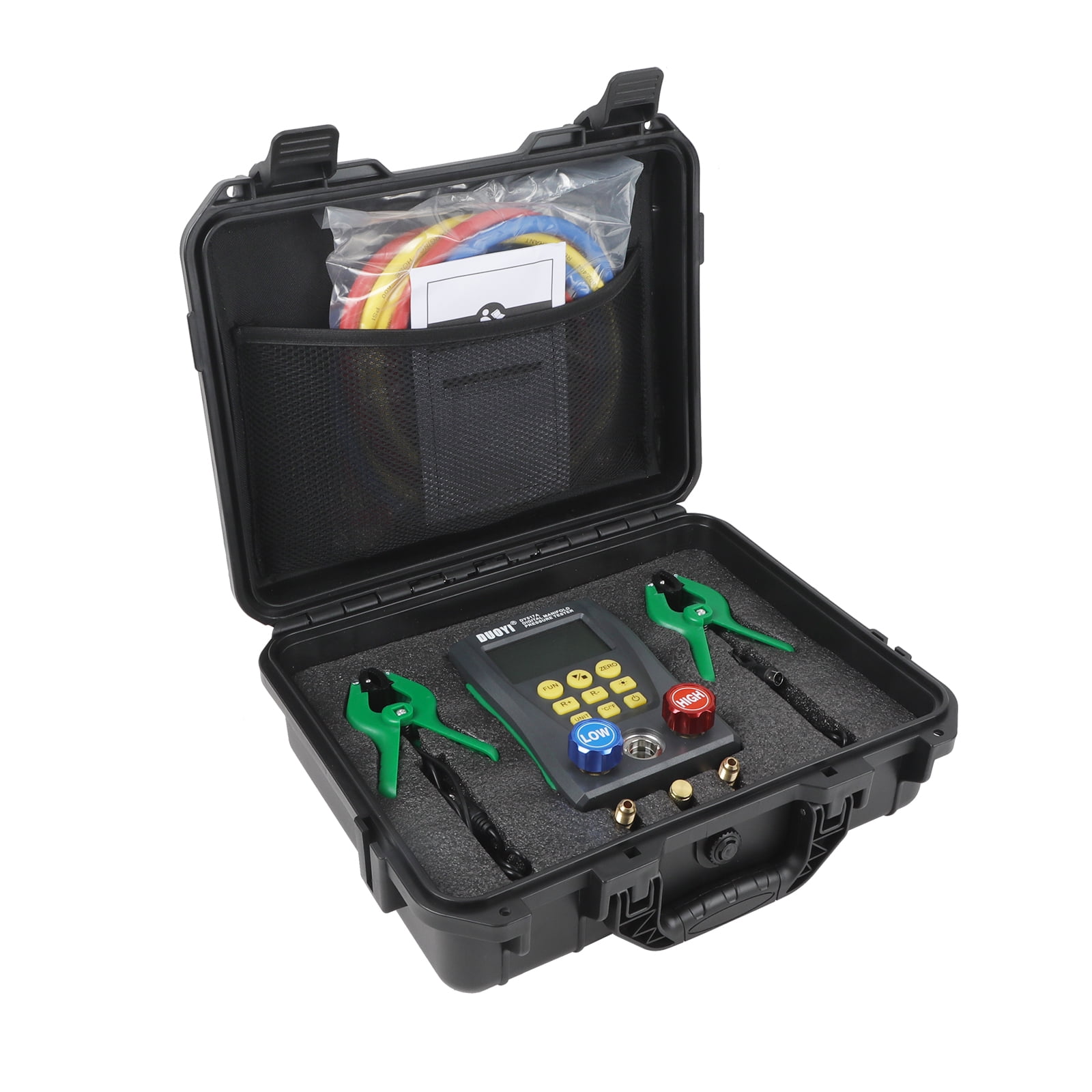 Duoyi HVAC Digital Manifold Gauge Set 89 Refrigerants Pressure Leak Vacuum Test Temp Clamps Hoses 0-6000 kPa Plastic