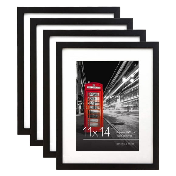 Americanflat 11x14 Picture Frame in Black - Set of 4 - Use as 8x10 Picture Frame with Mat or 11x14 Frame Without Mat - Engineered Wood Photo Frame with Shatter-Resistant Glass for Wall Display