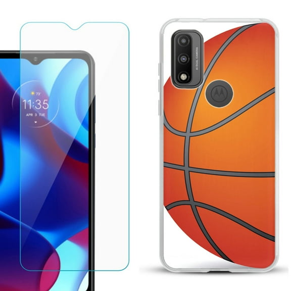 Slim-Fit Gel TPU Phone Case for Motorola Moto G Pure, with Tempered Glass Screen Protector, by OneToughShield ® - Basketball