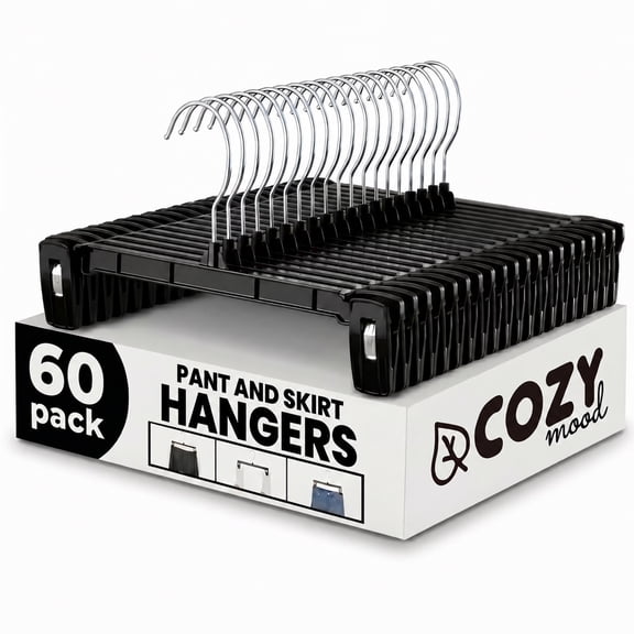 Cozymood Black Pants Hangers 60 Pack, Skirt Hangers with Clips, 12 inch Plastic Clip Hangers for Shorts and Trousers