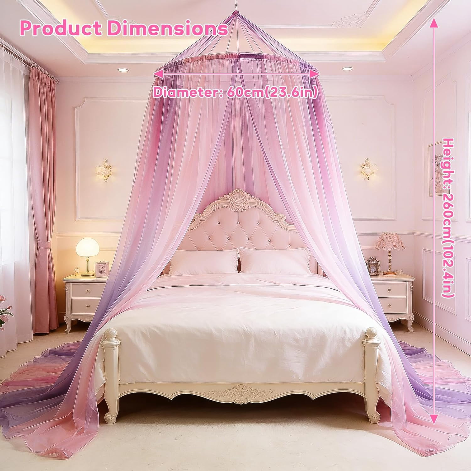 Mosquito Net Bed Canopy for Girls, Princess Bed Canopy Curtains Hanging Netting Bedroom Decor for Girls, Adults, Baby Crib, Dome Mosquito Netting Bed Tent Purple & Pink