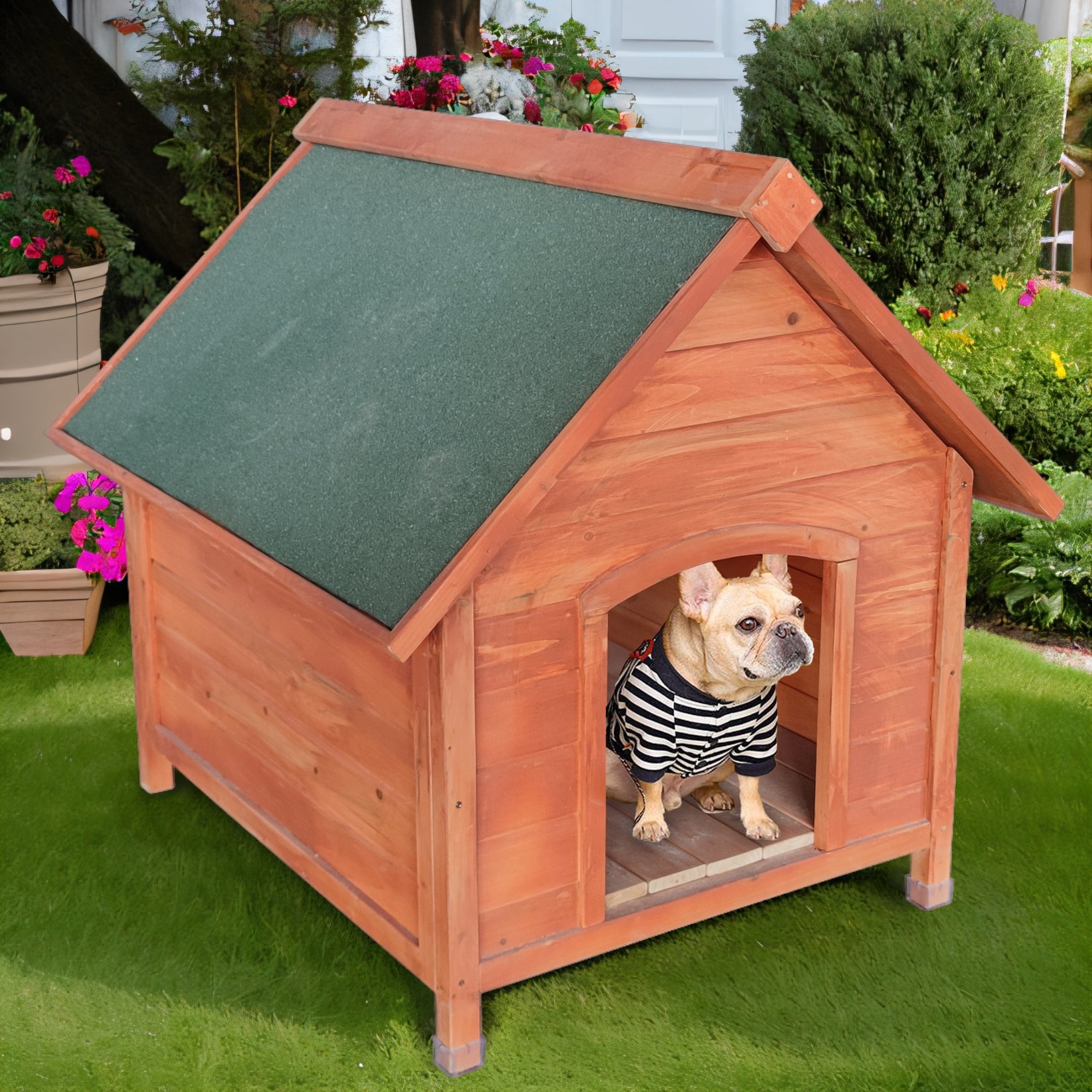 Pefilos 44 Wooden Dog House for Medium to Large Dogs Outdoor Weatherproof  Pet Cat House with Plastic Curtain, Insulation Mat, Brown 