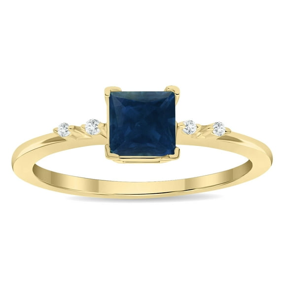 SZUL Women's Square Shaped Sapphire and Diamond Sparkle Ring in 10K Yellow Gold