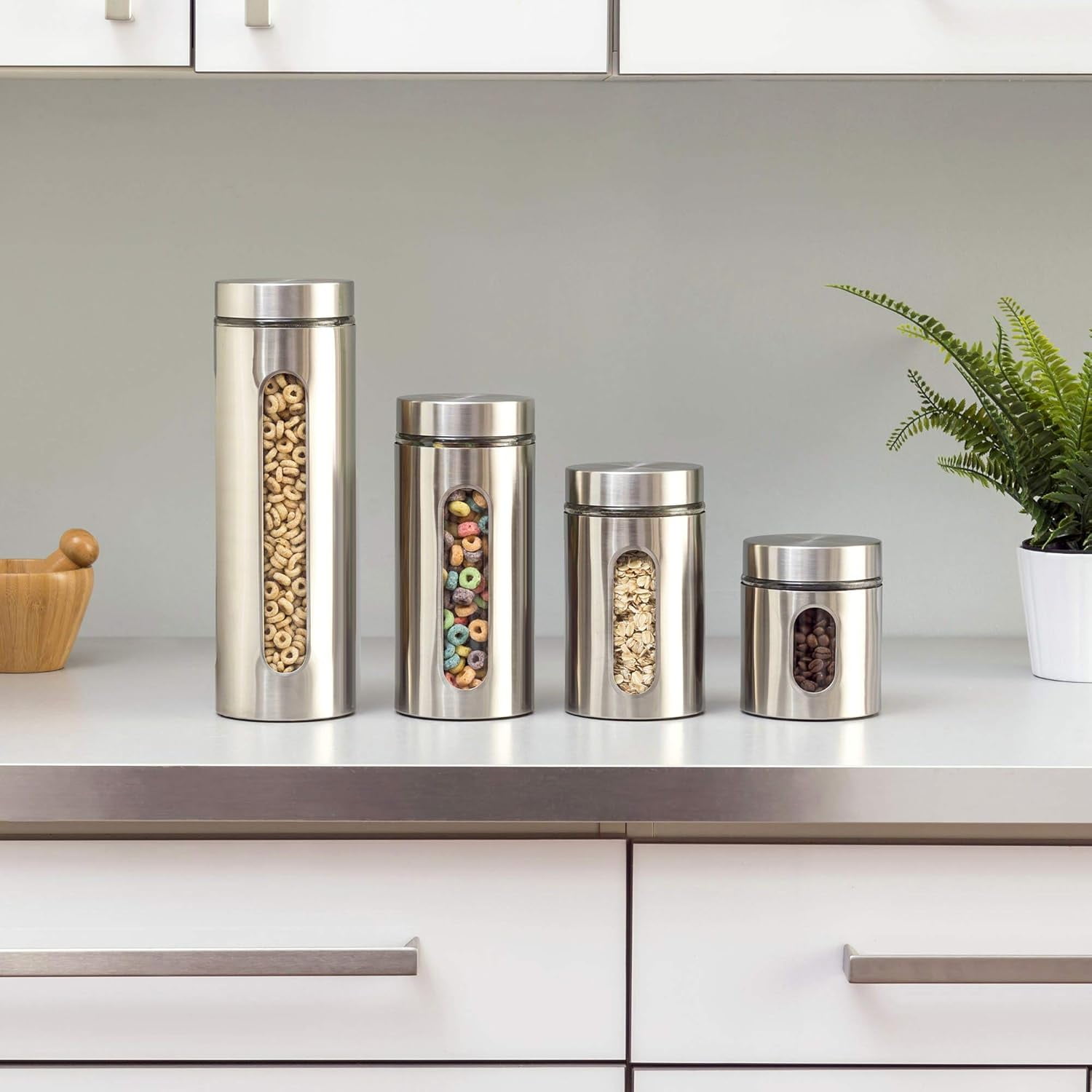 Quality 4pc Stainless Steel Canister Set for Kitchen Counter with Glass Window & Airtight Lids, Food Storage Containers, Pantry Storage & Organization Set for Coffee, Flour, Pasta