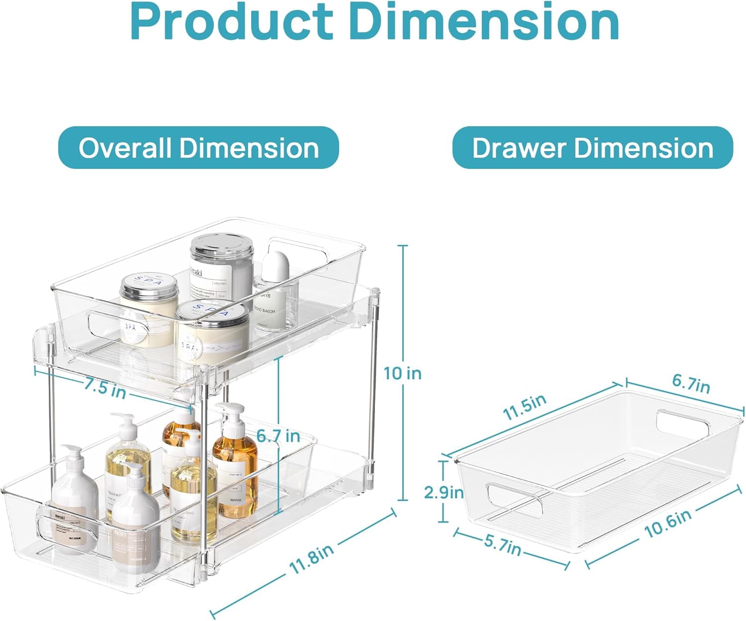 2 Tier Bathroom Storage Organizer, Pack Clear Under Sink Organizers Vanity Counter Container, Cabinet Drawers Bins, Pull-Out Organization with Track for Pantry, Kitchen