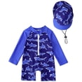 thumbnail image 1 of NIEWTR Toddler Boy One Piece Swimsuit Long Sleeve Hat Zipper Front Marine Life Print Beach Rash Guard Bathing Suit(Blue,3-4 Years), 1 of 6