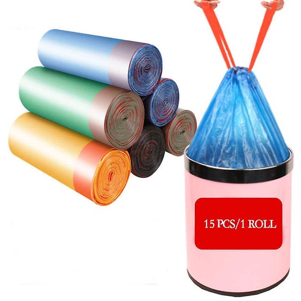 1 rollo de bolsas de basura, almacenamiento de bolsas de basura, caja de basura de cocina, 15 uds./rollo, asas con cordón desechables para el hogar