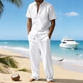 thumbnail image 2 of LNZGNM Mens 2 Pieces Cotton Linen Sets Short Sleeve Button Down Lightweight Shirts Loose Beach Pants Casual Walking Outfits with Pockets,White 2XL, 2 of 5