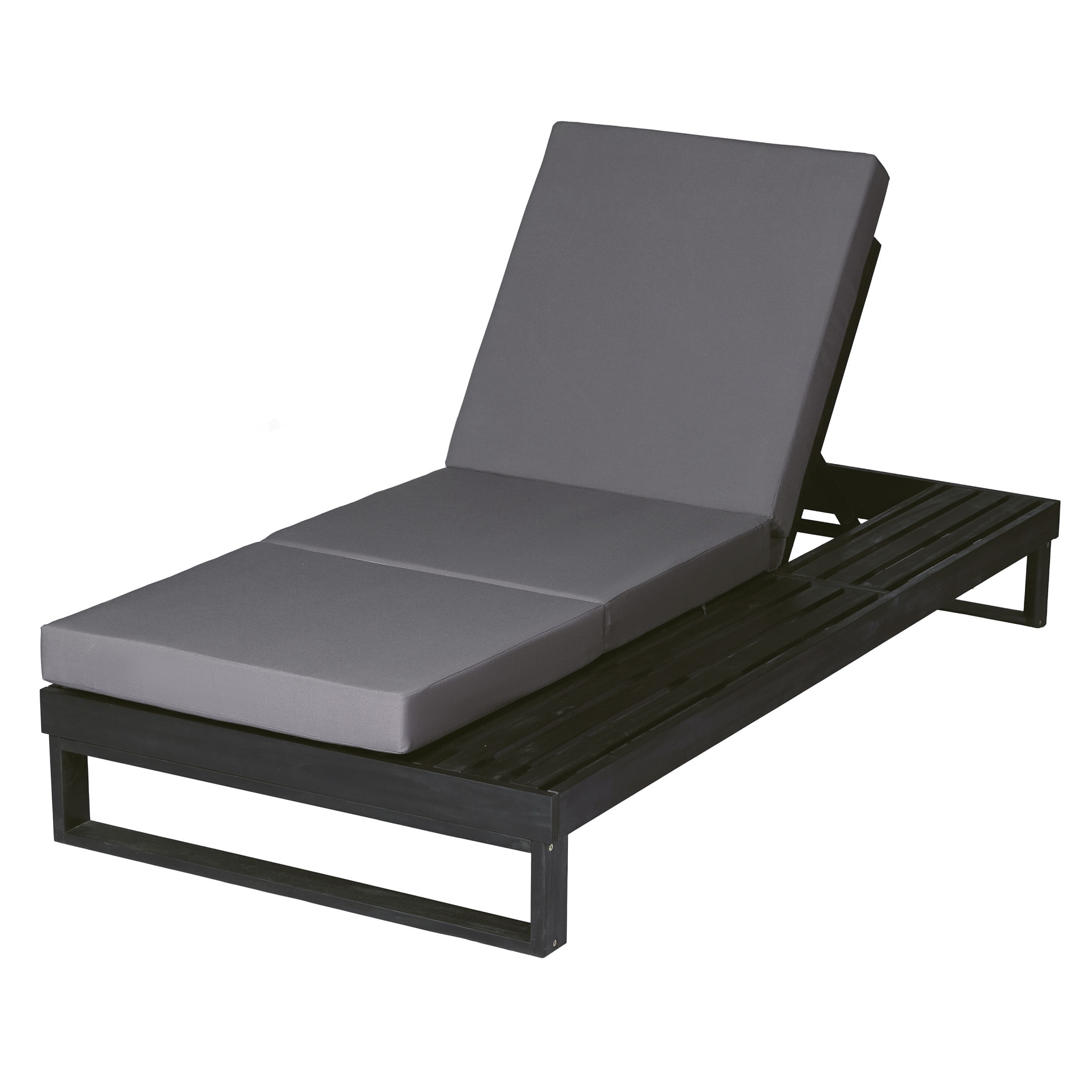 Christopher Knight Home Acacia Wood Chaise Lounge with 3-Fold Cushion, Adjustable Recliner, Black + Dark Gray