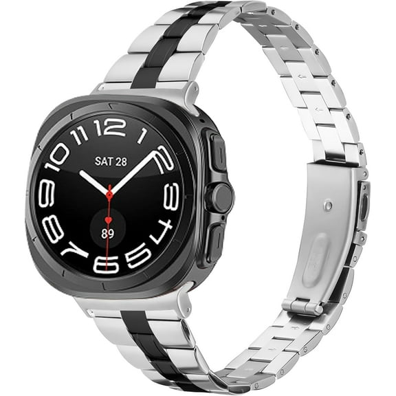 KOMI Metal Band Compatible with Samsung Galaxy Watch 7 Ultra 47mm Band, Adjustable Folding Buckle Casual bands Replacement for Samsung Galaxy Watch 7 47mm Women Men Silver/Black
