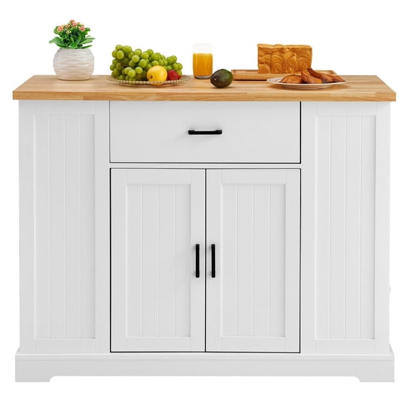 Kitchen Island Cart, 46" Wood Top with Storage, Farmhouse Table w/ Adjustable Shelf, White