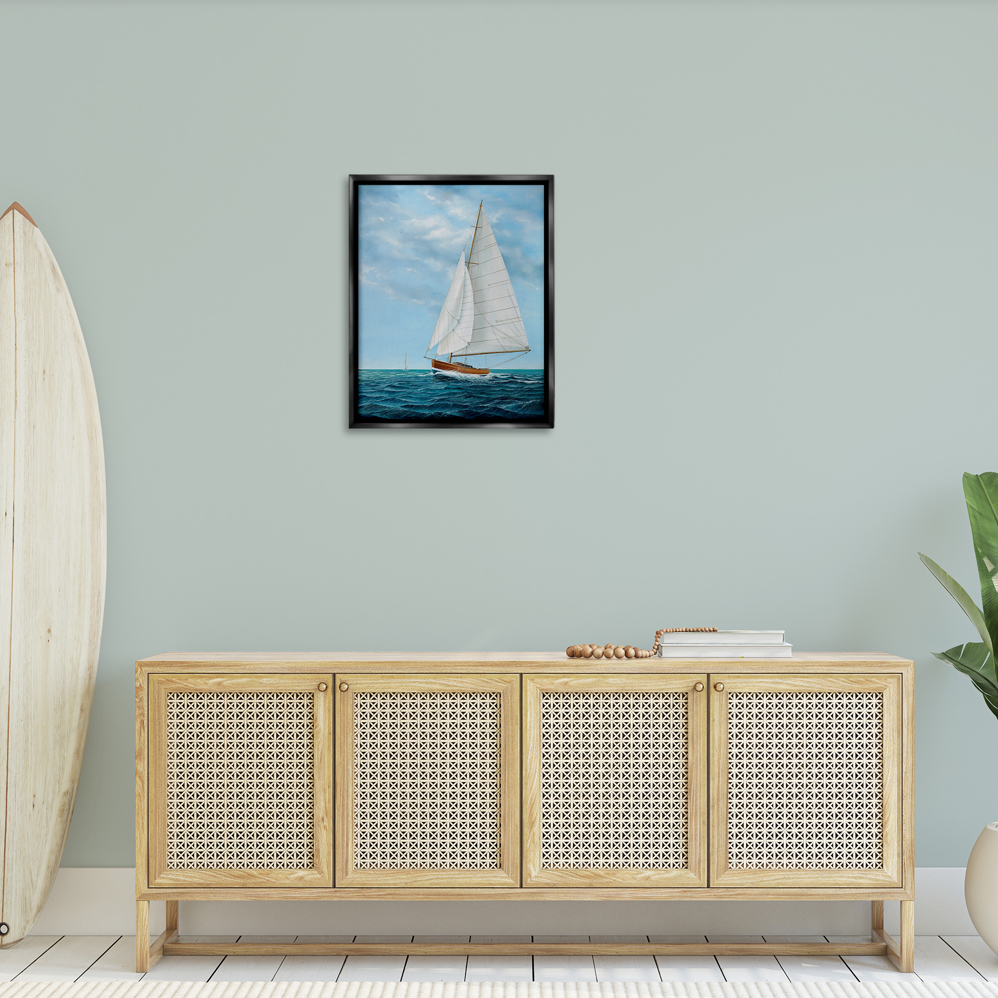 Stupell Industries Nautical Sailboat Waves Transportation Painting Black Floater Framed Canvas Art Print Wall Art, 25 x 31