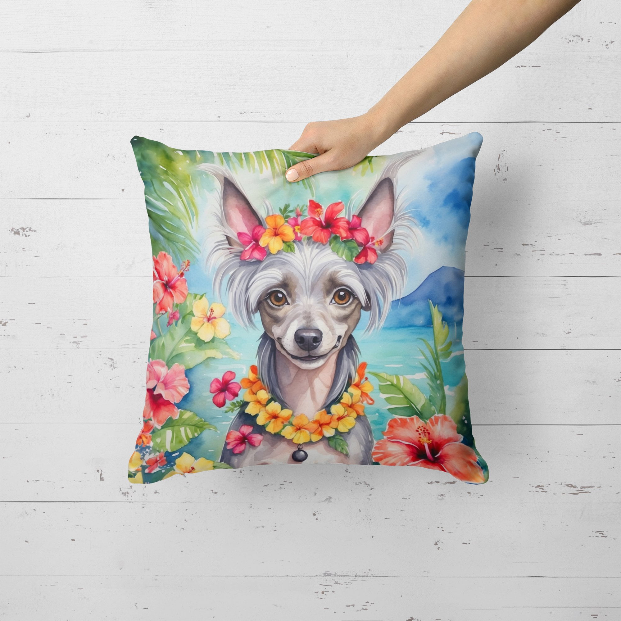 Chinese Crested Luau Throw Pillow 18 in x 18 in