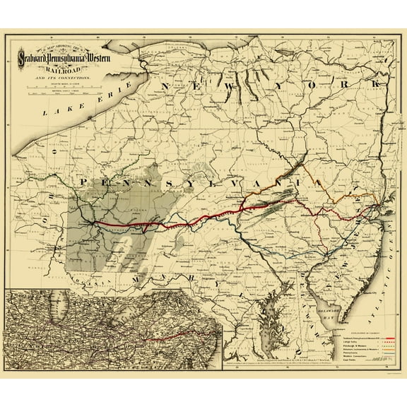 Railroad Map - Seaboard Pennsylvania and Western Railroad - Colton 1884 - 23 x 26 - Vintage Wall Art