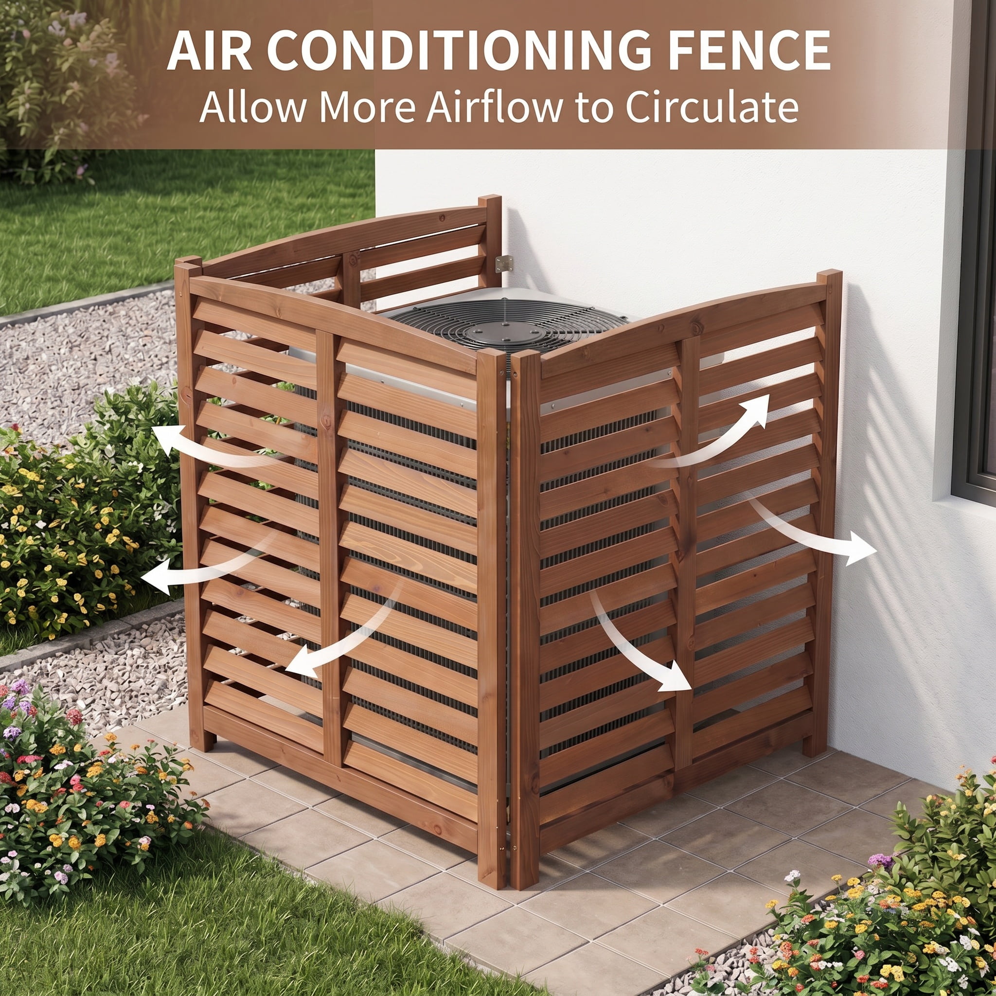 Outdoor Wood Privacy Fence 3-Panel 32W x 38H, Solid Wood Air Conditioner Screen with Slat Spacing for AC Unit Trash Can Pool Pump Enclosure, Brown