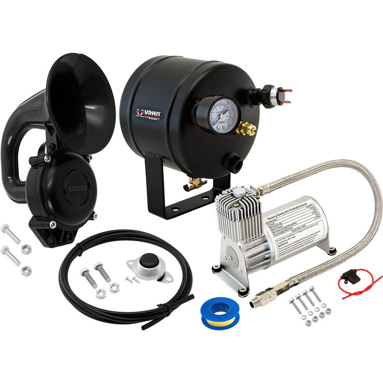 Vixen Horns Train Horn Kit for Motorcycle Bike Truck Car. Complete Onboard System 150psi Air Compressor 0.5 Gallon Tank 1 Trumpet. Loud dB. Fits