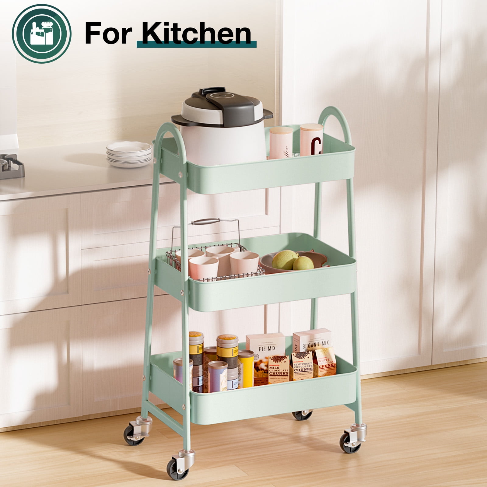 ZUNMOS 3 Tier Rolling Cart, Metal Utility Storage Cart with Lockable Wheels for Livingroom, Bathroom, Kitchen & Narrow Spaces,Green