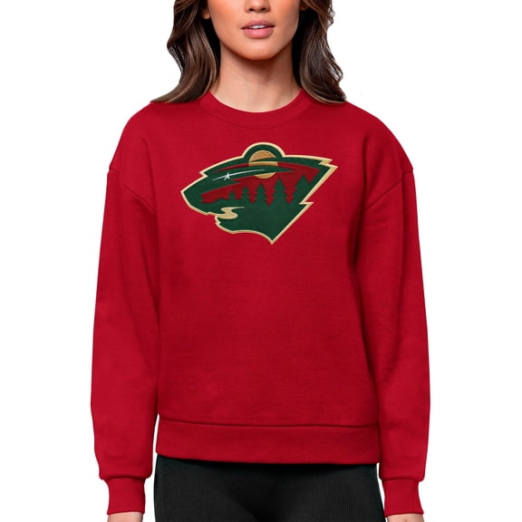 Women's Antigua Red Minnesota Wild Primary Logo Team Logo Victory Crewneck Pullover Sweatshirt