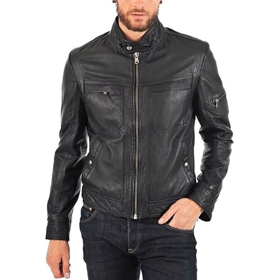 Men Leather Jacket Slim Fit Biker Motorcycle Genuine Lambskin Jacket A673
