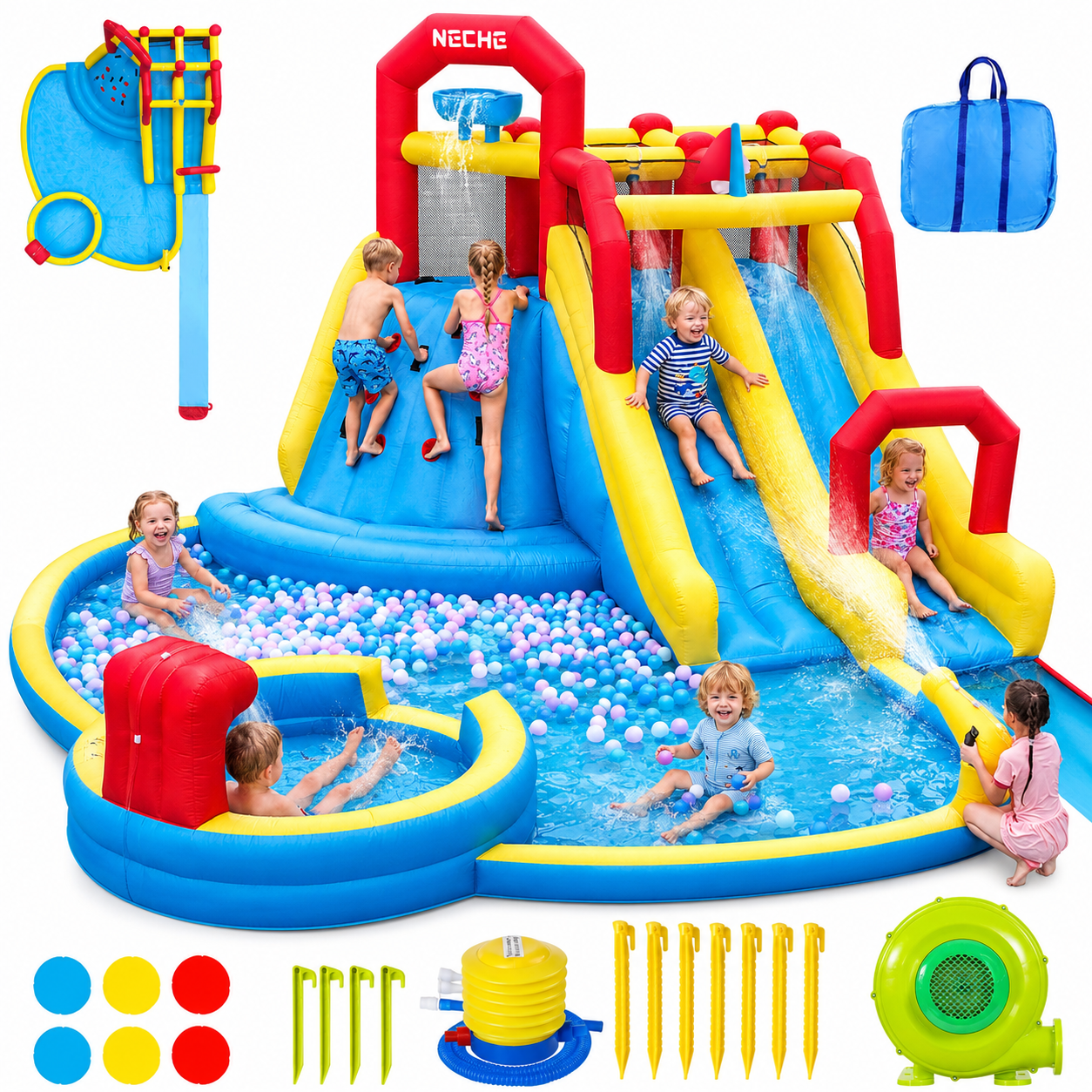 Neche 222" Giant Large Inflatable Water Slide Bounce House With 750W Blower, Splash Pool, Backyard Water Park for Kids Ages 3-8, Max 500lbs, Indoor & Outdoor Use