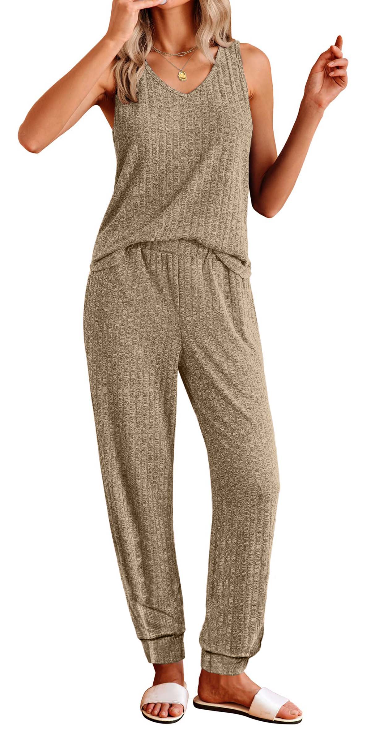 Fantaslook Womens Pajamas Sets V Neck Tank Tops and Long Pants Two Piece Lounge Sets Summer Oufits Loungewear