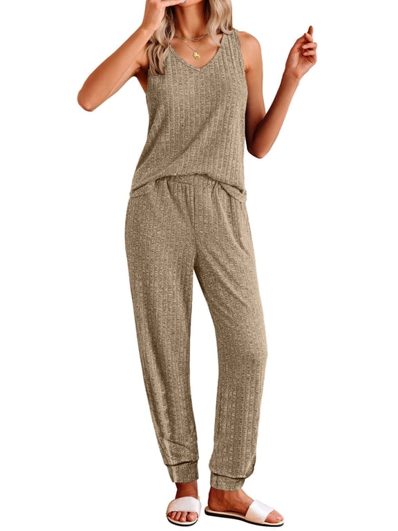 Womens Pajamas Sets V Neck Tank Tops and Long Pants Two Piece Lounge Sets Summer Oufits Loungewear
